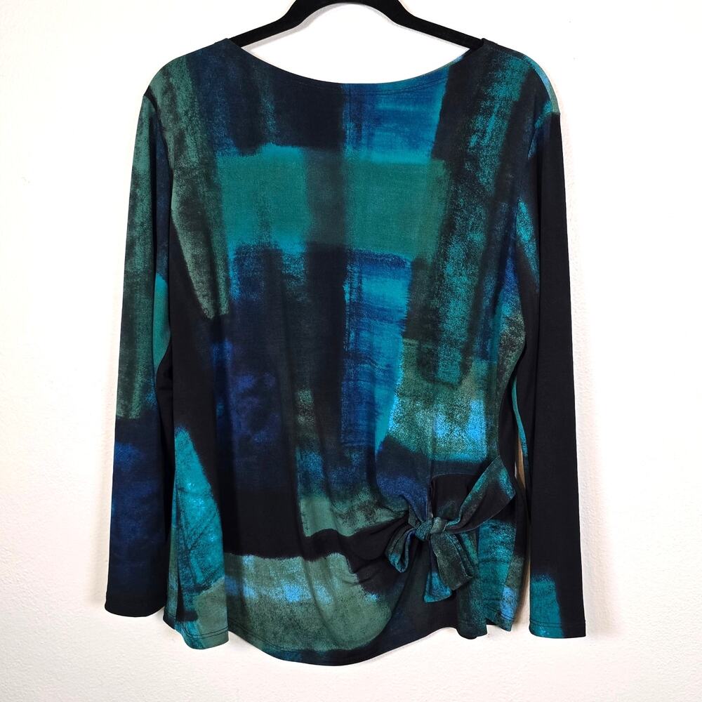 Clara Sun Woo Blouse Women's XL Blue Green Watercolor Paint Stroke Side Tie